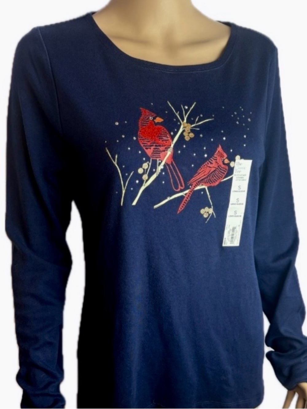 Croft & Barrow Navy Long Sleeve with Red Cardinal Design Christmas Flair